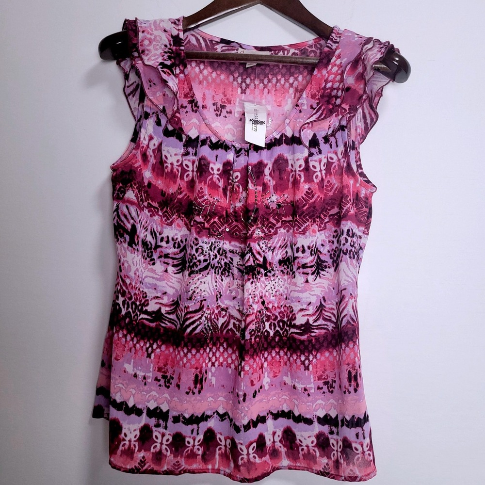 Dressbarn Womens Pink Purple Abstract Animal Print Sequin Ruffle Blouse Size M
